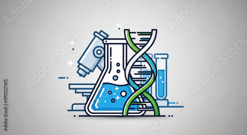 Laboratory equipment illustration featuring dna double helix beaker and test tube symbolizing scientific research and experimentation in a modern lab setting