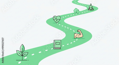 Winding green path with wellness icons meditation and laptop symbolizing healthy lifestyle journey self care and work life balance in minimalist style