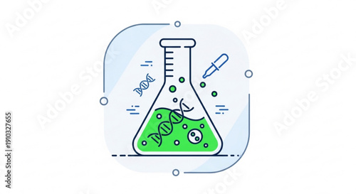 Green liquid in a laboratory beaker with dna and virus symbols science concept