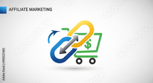 Affiliate marketing concept with chain link and shopping cart icon on white background