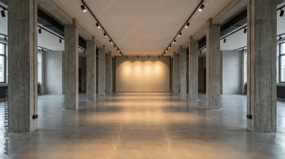 Fototapeta premium Minimalist industrial gallery space featuring raw concrete pillars and modern track lighting illumination setup