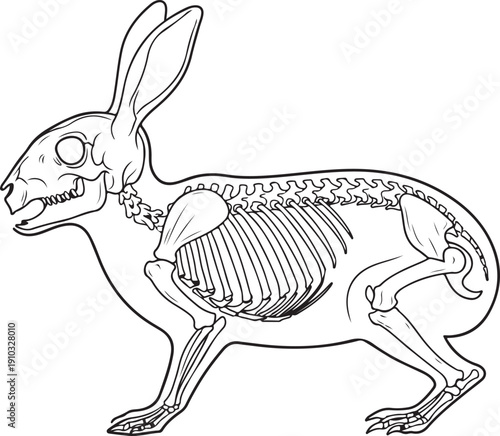 A detailed black and white illustration of a rabbit's skeleton, revealing its bone structure with clean lines. , Generative Ai