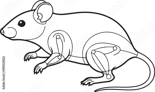 Line art illustration of a mouse showing internal joints and bone structure, on a white background. , Generative Ai