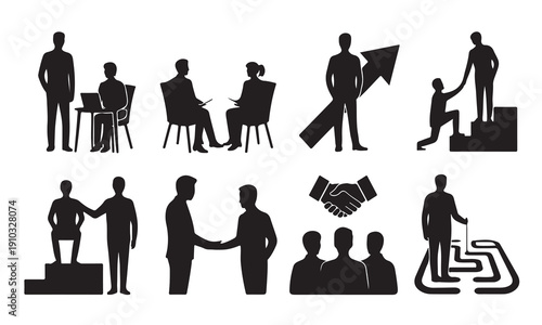 Worker reskilling progress bar symbol. Set of black and white business success and career growth icons isolated