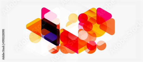 Abstract colorful shapes overlap, creating dynamic composition. Warm tones dominate, with hints purple, orange, pink. Modern design element.