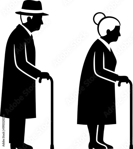 Elderly Couple Silhouette Vector, Elderly Man and Woman Senior Couple Silhouette with Walking Stick Vector Illustration Isolated on White Background