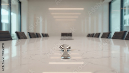 Modern conference room with chess piece on sleek marble table