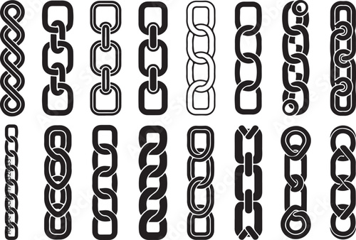 Chains of Varied Styles: An array of intricate chain designs, showcasing diverse link patterns and configurations for visual interest. The monochrome aesthetic emphasizes the forms.