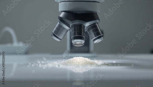 Microscope examining white powder on laboratory table
