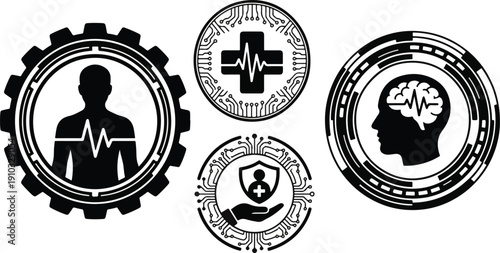 2026 Set of Medical Health Insurance and Digital Healthcare Icons Featuring Human Silhouettes, Heartbeats, and First Aid Symbols within Futuristic Circular Tech and Circuit Frames, Black Vector on Whi