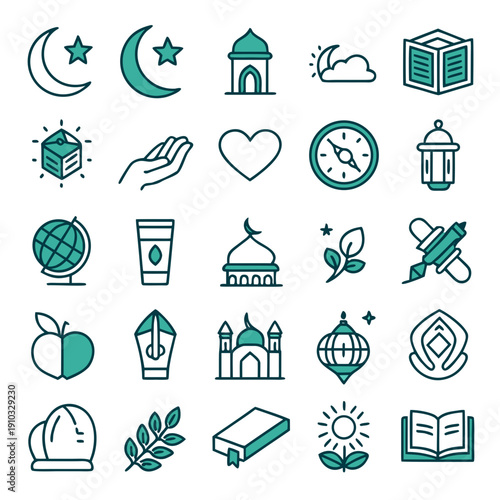 Diverse vector icon set capturing the essence of Islamic culture, spiritual journeys, and traditional symbols, ideal for projects celebrating faith, learning, and mindfulness
