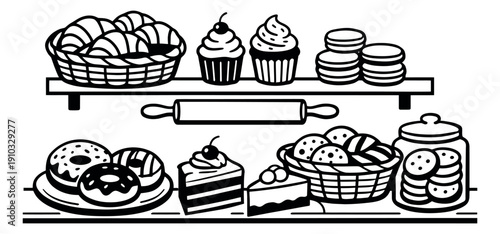 Line art bakery set featuring various pastries and baking tools for cafes and patisseries