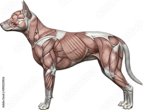 Realistic illustration of a dog's musculature, showcasing detailed muscle groups and anatomical structure. , Generative Ai