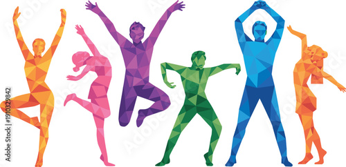 Colorful polygon people dancing and jumping together representing energy joy freedom teamwork modern abstract lifestyle vector illustration design art