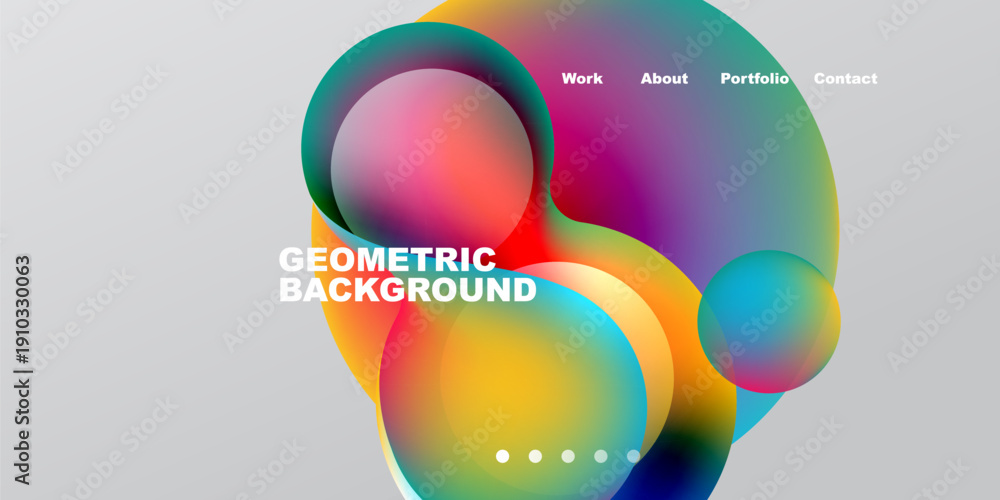 Fototapeta premium Abstract colorful shapes overlap. Gradient hues create dynamic visual effect. Text elements present website navigation options. Minimalist design.