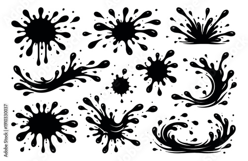 Hand drawn ink splash set featuring dynamic liquid splatters and drops for creative graphic design