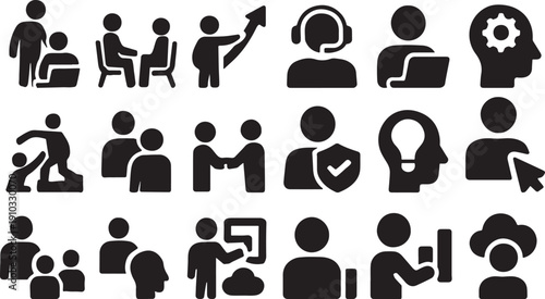 Online learning platform user icons and corporate training session silhouettes. Set of diverse business and teamwork icons featuring people activities