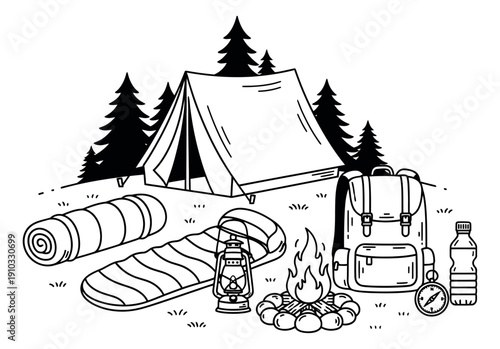 Hand drawn line art camping equipment set featuring a tent, campfire, and adventure essentials for outdoor activities