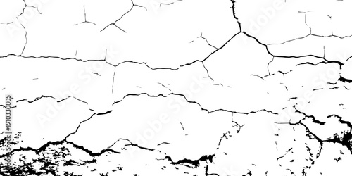 Abstract black and white background of dry mud cracks forming irregular shapes, strong contrast emphasizing the harshness of arid land.