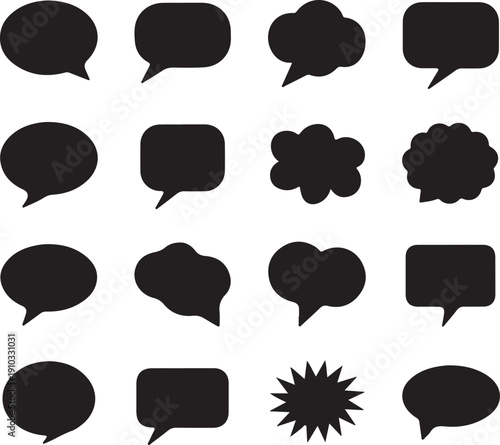 Speech Bubbles in Silhouette: A diverse array of speech bubbles, each with a unique shape, offering a glimpse into a world of communication and ideas. Explore various forms.