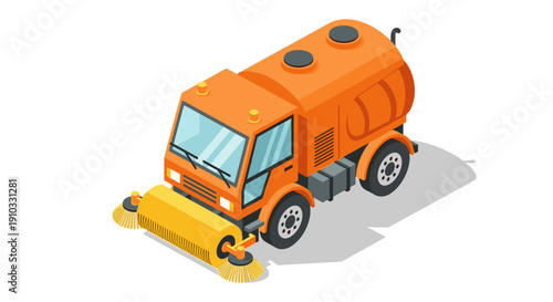 Orange Road Sweeper Truck Vehicle Machine.