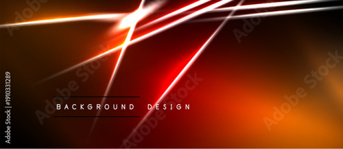 Abstract design features vibrant orange, red neon lines over black background. Dynamic energy radiates from central bright point.