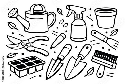 Hand drawn line art gardening tools set featuring a watering can, pruning shears, trowels, spray bottle, and seedling tray for home gardening