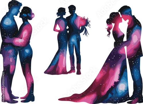 Romantic couple silhouettes with cosmic galaxy textures embracing together representing love fantasy universe connection emotion abstract modern illustration art