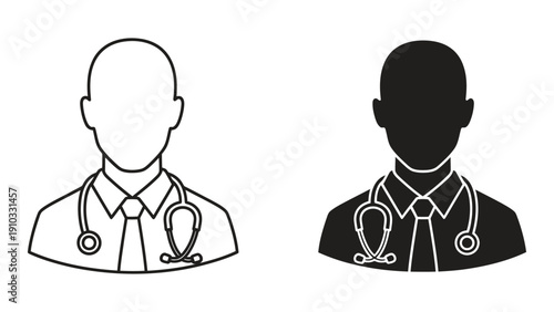 Two medical professionals in silhouette with stethoscopes around their necks isolated on white background, Vector