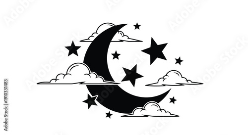 Simple black and white illustration of a crescent moon stars and clouds