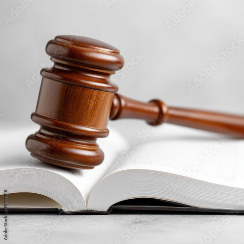 Wooden judge gavel on open legal book in courtroom setting