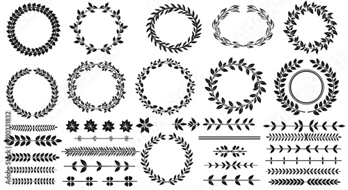 Variety of black laurel wreaths and floral decorative elements arranged in rows