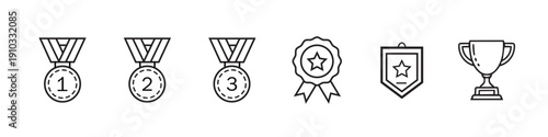 Collection of premium reward and achievement vector icons set including trophy medal badge and star for loyalty program gamification and mobile app UI design