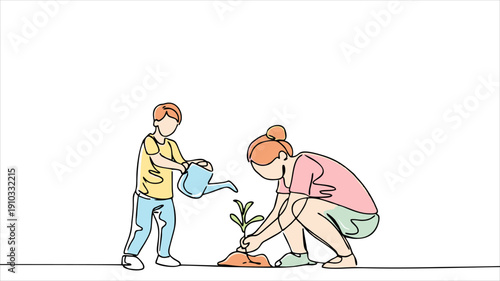 Single line art mother and child planting tree – eco lifestyle and family sustainability concept