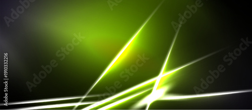 Abstract design features vibrant green lines against dark background. Bright glow emanates from central intersection, creating dynamic visual effect.
