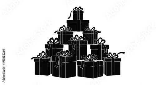A monochrome pyramid constructed from many gift boxes with bows