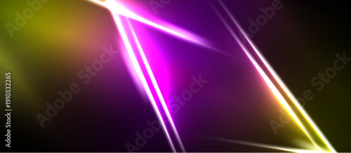Abstract light streaks form geometric shapes. Vivid purple, yellow hues dominate dark background. Dynamic energy radiates from center.