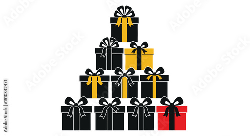 A pyramid of gift boxes primarily black and gold with one red box