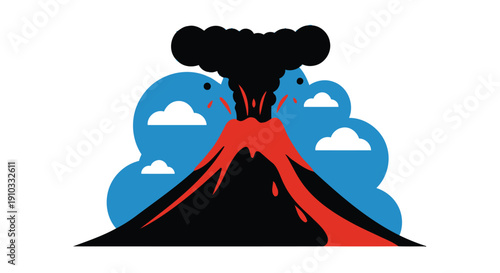 Stylized illustration of a volcanic eruption with clouds and lava flow