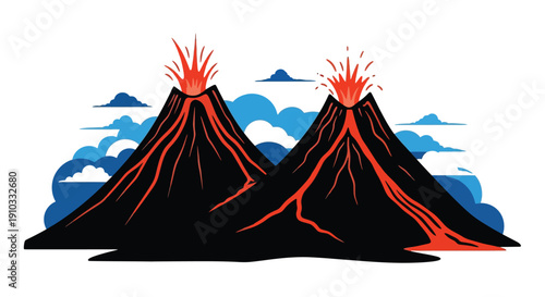 Cartoon illustration of two erupting volcanoes with clouds and lava flows