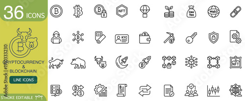 Modern cryptocurrency and blockchain icon set features editable line stroke. Vector collection holds digital finance, money, currency, wallet, mining, security symbols for professional business