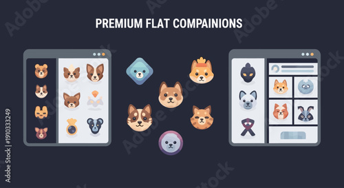 Flat design mobile application user interface showcasing diverse animal icons and UI elements on dark background from a straight-on viewpoint