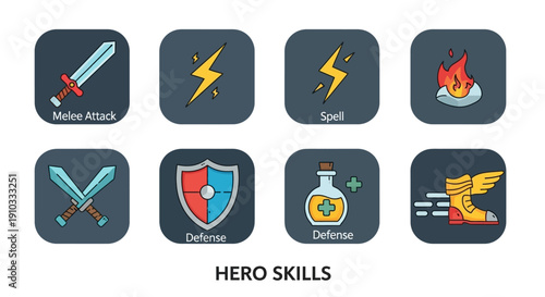 A grid of eight video game icons representing hero skills including attack, defense, and speed, displayed on a clean white background.