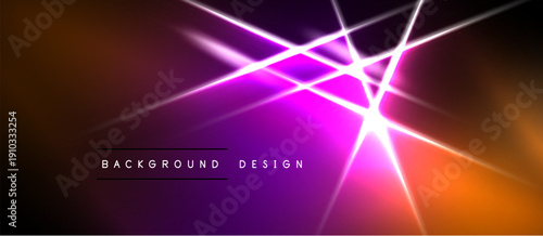 Abstract vibrant design features bright lines, gradients. Purple, orange hues dominate dark background. Modern, energetic visual.