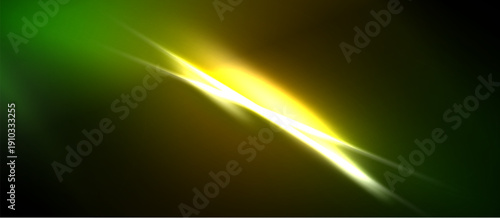Bright yellow light streaks across dark green background. Abstract energy flow creates dynamic visual impact. Smooth gradients define shapes.