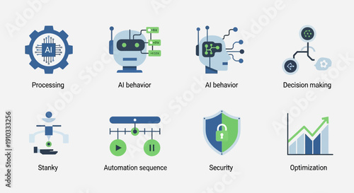 Infographic illustrating key concepts of artificial intelligence and automation technology in a modern digital environment from a top-down viewpoint