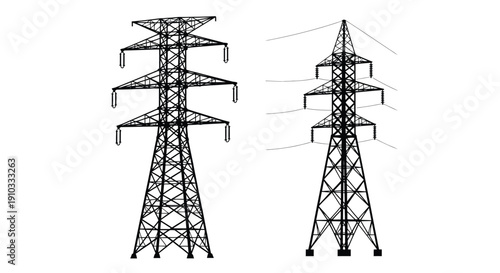 Two high voltage transmission towers depicted in a minimalist black and white style
