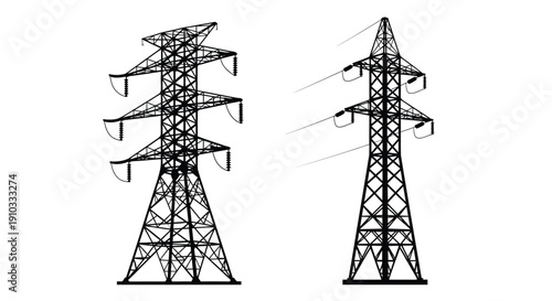 Black and white illustration of electrical transmission towers against a white background