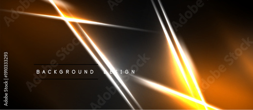 Abstract neon lines create dynamic geometric shapes. Orange, white glow contrasts dark background. Modern design element.