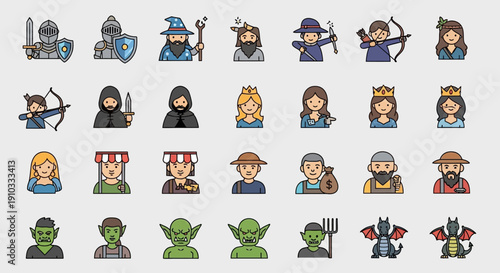 Collection of Medieval Character Illustrations Featuring Knights, Archers, and Warriors in Various Costumes and Accessories